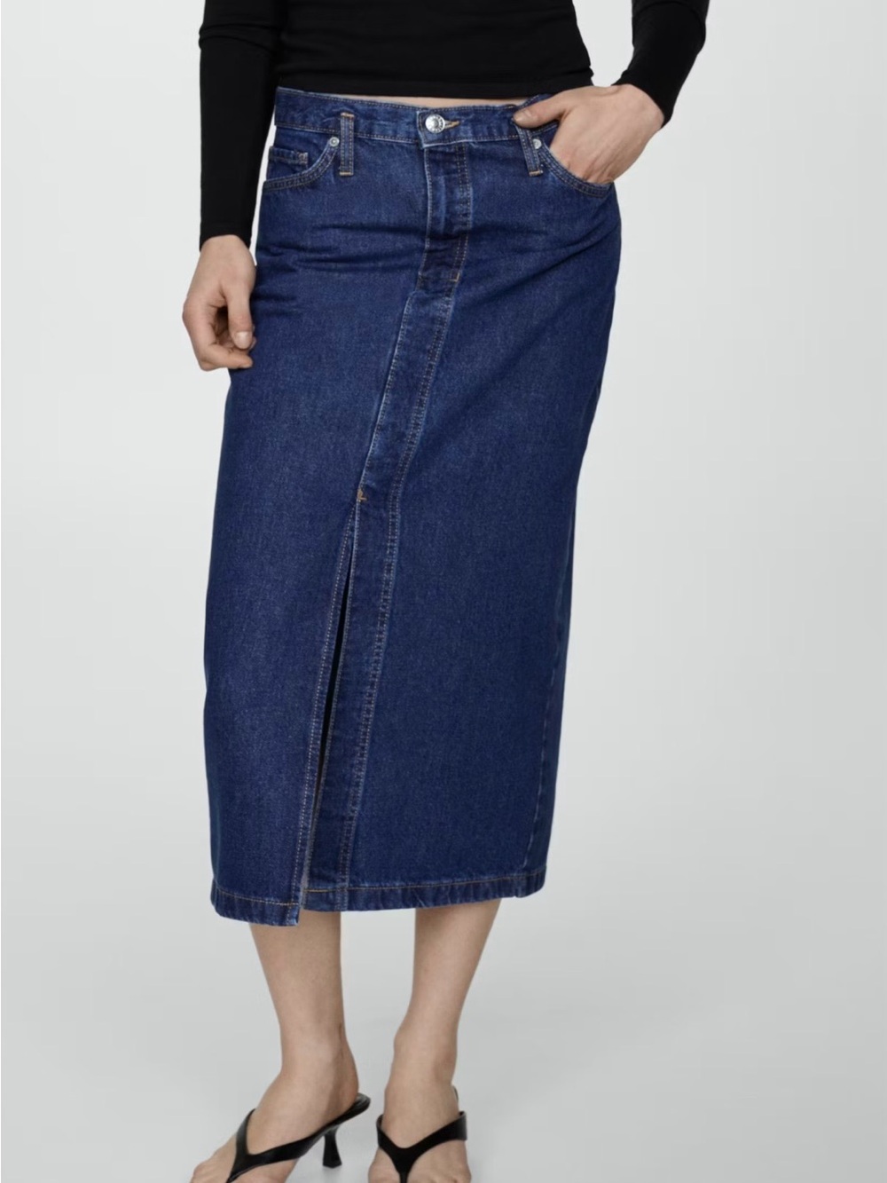 Mango Dark Blue Denim Midi Skirt with Front Slit